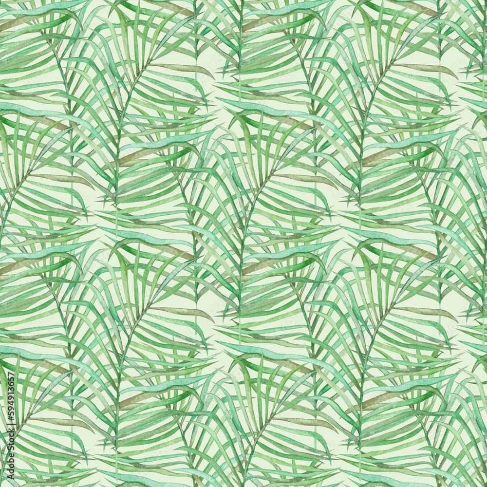 Watercolor seamless pattern with tropical palm leaves. Jungle. Plant. Nature. Use for covers, textiles, wallpaper, paper. Watercolor seamless pattern with tropical palm leaves. Jungle. Plant. Nature. Use for covers, textiles, wallpaper, paper.