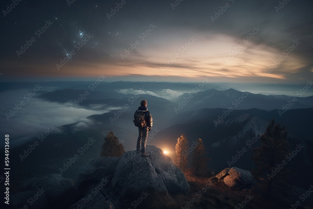 Obraz premium A Person Standing On A Mountain Top Looking At The Sky And Stars Mountain Vista At Dusk Long Exposure Photography Landscape Photography Generative AI