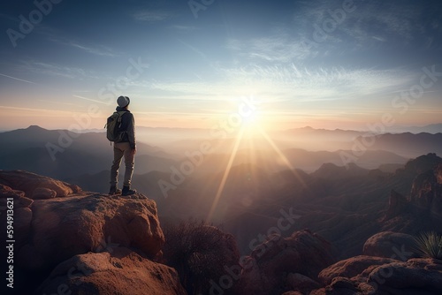 A Man Standing On Top Of A Mountain With The Sun Setting Mountain Range At Sunrise Time-lapse Photography Adventure Travel Generative AI