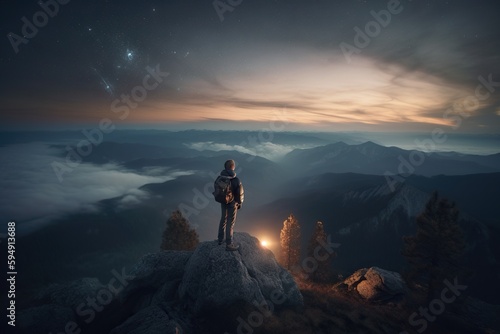 A Person Standing On A Mountain Top Looking At The Sky And Stars Mountain Vista At Dusk Long Exposure Photography Landscape Photography Generative AI