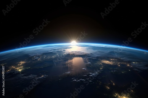Sunrise view of the planet Earth from space with the sun setting over the horizon. Generative AI