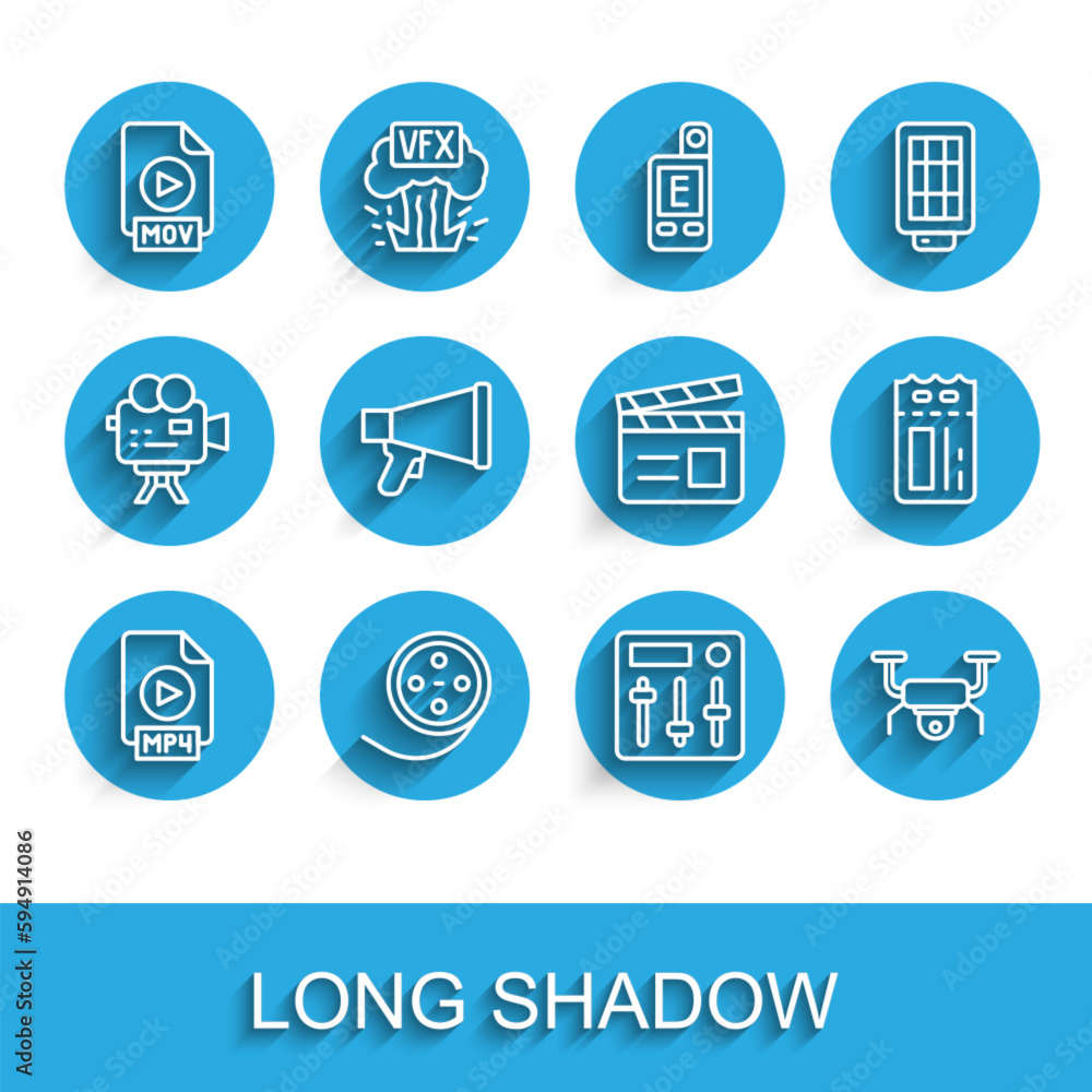 Set line MP4 file document, Film reel, MOV, Sound mixer controller, Drone flying, Megaphone, Cinema ticket and Movie clapper icon. Vector Set line MP4 file document, Film reel, MOV, Sound mixer controller, Drone flying, Megaphone, Cinema ticket and Movie clapper icon. Vector