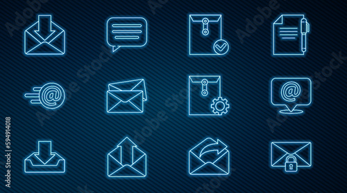 Set line Mail message lock password  and e-mail on speech bubble  Envelope check mark  setting and Speech chat icon. Vector