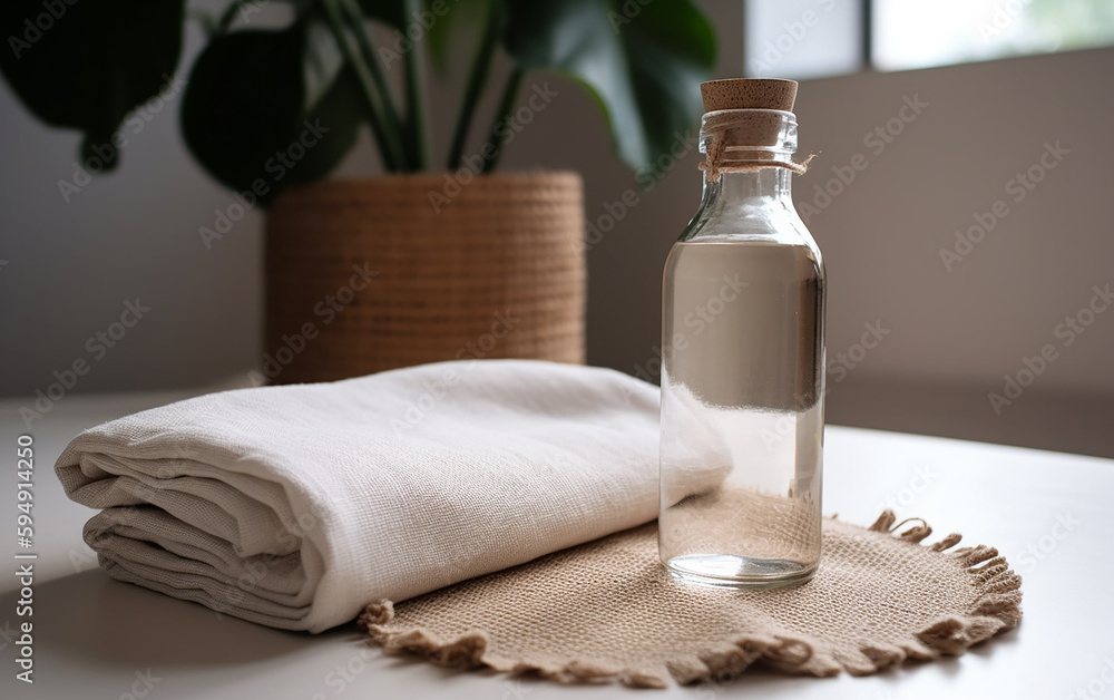 Set of vinegar and reusable cleaning cloths placed against a neutral background. Eco-friendly cleaning products concept. Generative AI Set of vinegar and reusable cleaning cloths placed against a neutral background. Eco-friendly cleaning products concept. Generative AI