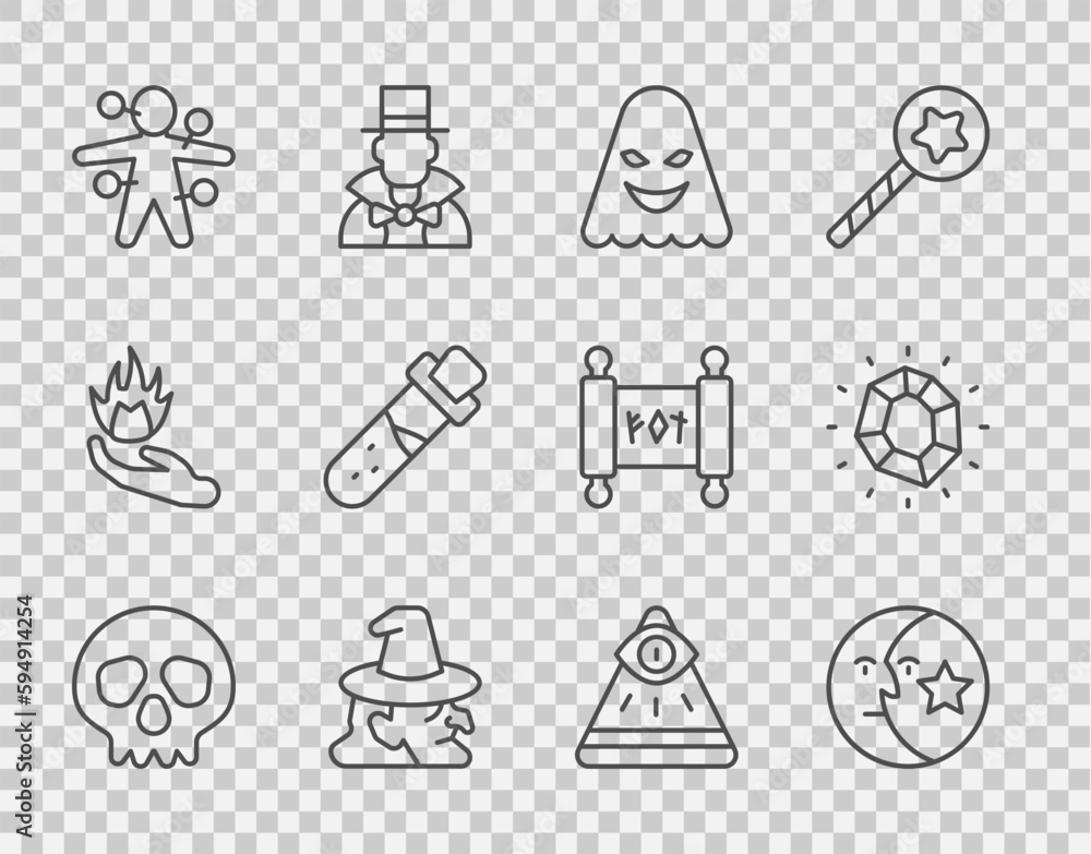 Fototapeta premium Set line Skull, Moon and stars, Ghost, Witch, Voodoo doll, Bottle with potion, Masons and Magic stone icon. Vector