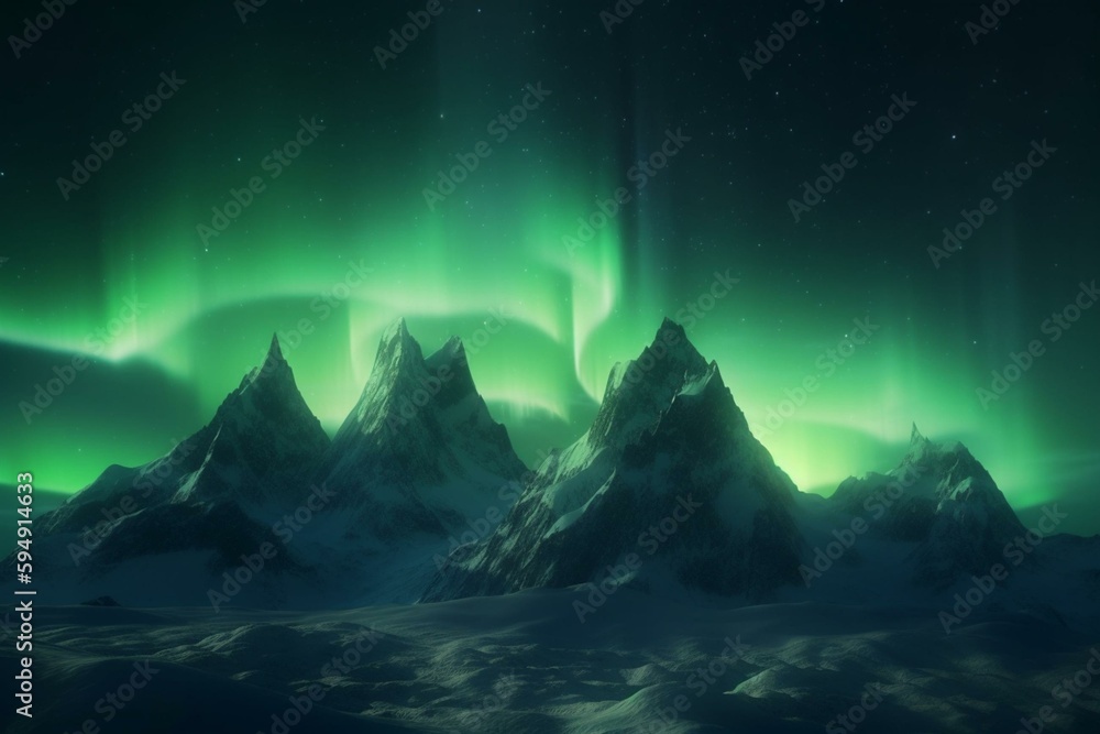 aurora borealis over north sea and arctic snowy mountains, starry night, beautiful calm nature background, 3d render, 3d illustration. Generative AI
