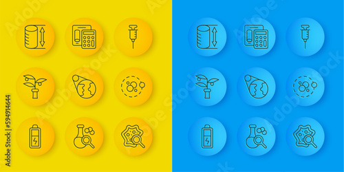 Set line Battery, Plant breeding, Earth globe, Microorganisms under magnifier, Atom, Height geometrical figure, Syringe and Calculator icon. Vector