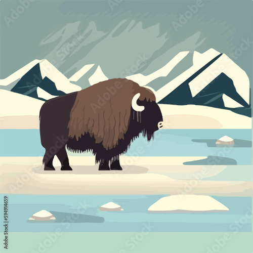 Muskox in snowy terrain. Arctic animals in natural habitat. Flat vector illustration concept. Generative AI