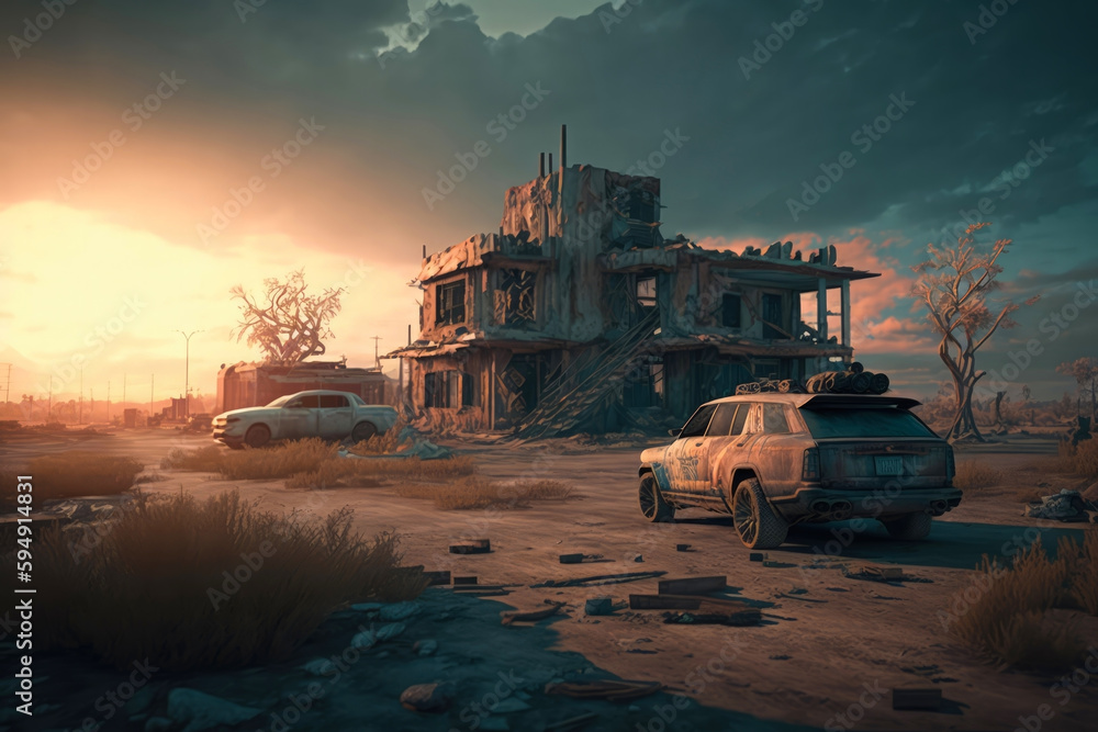Post-apocalypse: The End of the World. Rusty car and terribly ruined landscape | Generative AI Production Post-apocalypse: The End of the World. Rusty car and terribly ruined landscape | Generative AI Production