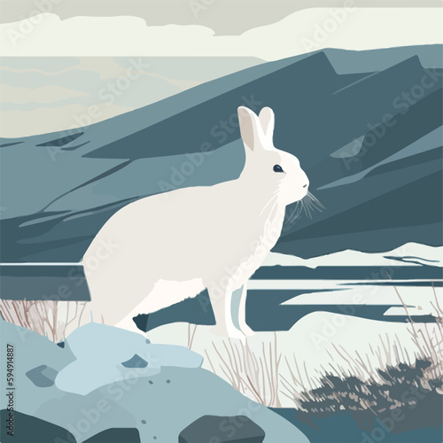 Arctic hare in snowy tundra. Arctic animals in natural habitat. Flat vector illustration concept. Generative AI