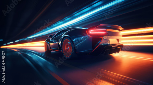 Fotografiet Futuristic Sports Car On Neon Highway