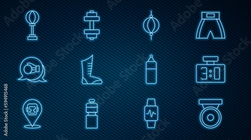 Set line Boxing gong, Sport mechanical scoreboard, Punching bag, boxing shoes, glove, and Dumbbell icon. Vector