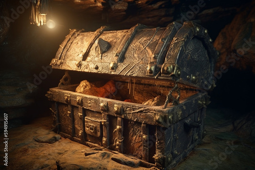 old wooden box hidden treasure chest in a secret pirate cave, Generative AI 