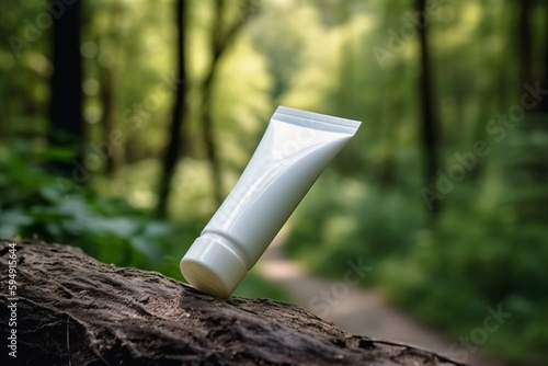 Blank, unbranded cosmetic cream tube outdoors, in the forest. Skin care product presentation. Skincare, beauty. Tube with copy space, moisturizer, lotion. Generative AI.