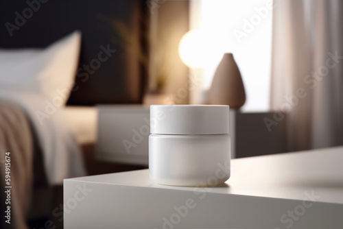 White and blank, unbranded cosmetic cream jar standing on the table at home. Skin care product presentation. Skincare, beauty and spa. Jar with copy space, moisturizer. Generative AI.