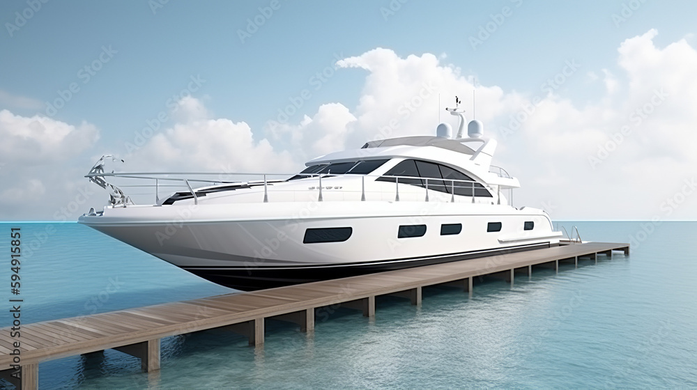 White Color Yacht Parked At Jetty Boat on Beach, Generative Ai