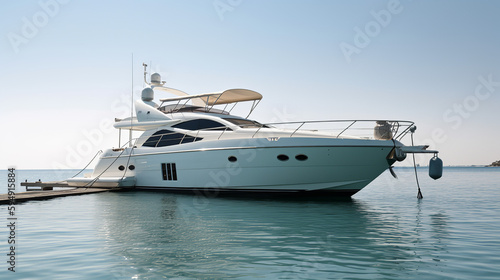 White Color Yacht Parked At Jetty Boat on Beach, Generative Ai © Naseem