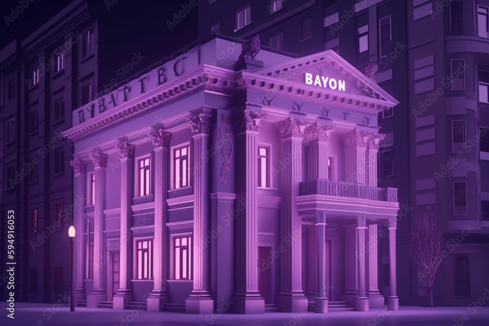 Bank building. Volumetric letters bank on building. Financial institution layout. Credit company. Institutions providing banking services. Bank office on purple background. 3d rendering. Generative AI