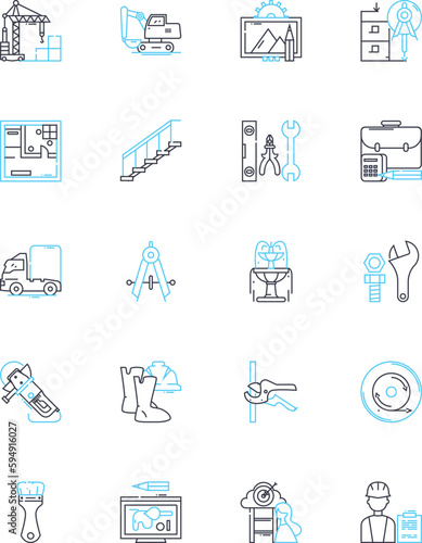 Structural elements linear icons set. Beams, Columns, Trusses, Frames, Slabs, Walls, Footings line vector and concept signs. Reinforcement,Joints,Connections outline illustrations