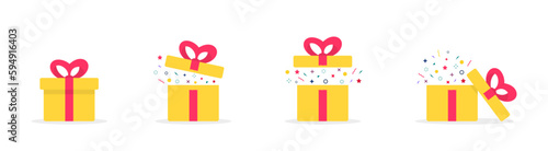 Set of gift boxes. Gift boxes with confetti. Vector illustration for surprise, festive event, gifts, birthday, Christmas. Emotional gift. Surprise in box. Open and closed yellow box with red ribbon.