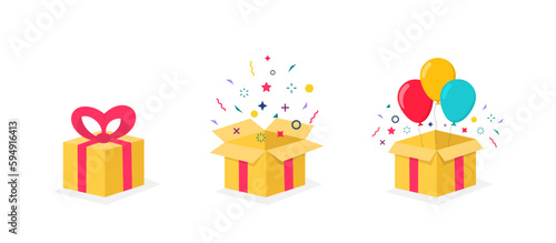 Set of gift boxes. Gift boxes with confetti. Vector illustration for surprise, festive event, gifts, birthday, Christmas. Emotional gift. Surprise in box. Open and closed yellow box with red ribbon.