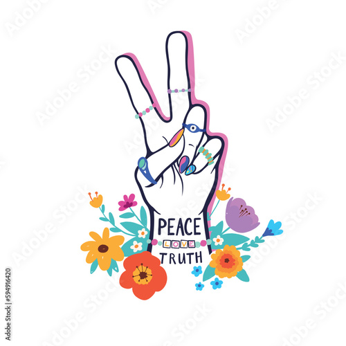 Peace and Love lettering , hippie slogan symbol hand