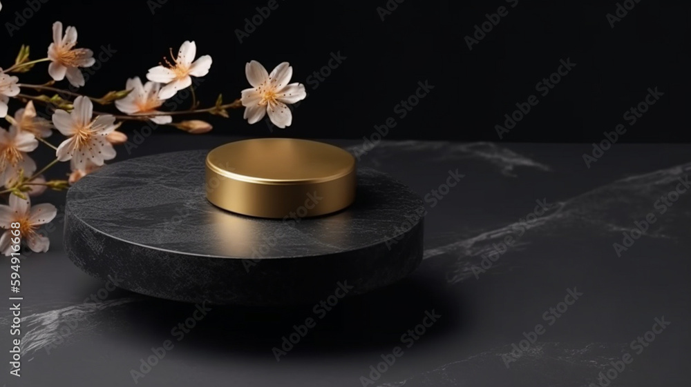 Marble Black Gold Table Top, Round Podium Pedestal, Abstract Cosmetic Beauty Background. Showcase Product Mock up Display, Back Drop, Empty Luxury Presentation Scene with Spring Flowers. Generative AI