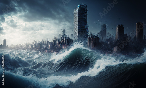 Huge tsunami destroying a city. Dramatic scenery with a big wave flooding the lanscape. Natural disaster concept art. Generative ai