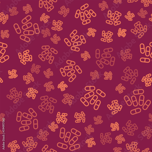 Brown line Medicine pill or tablet icon isolated seamless pattern on red background. Capsule pill and drug sign. Pharmacy design. Vector