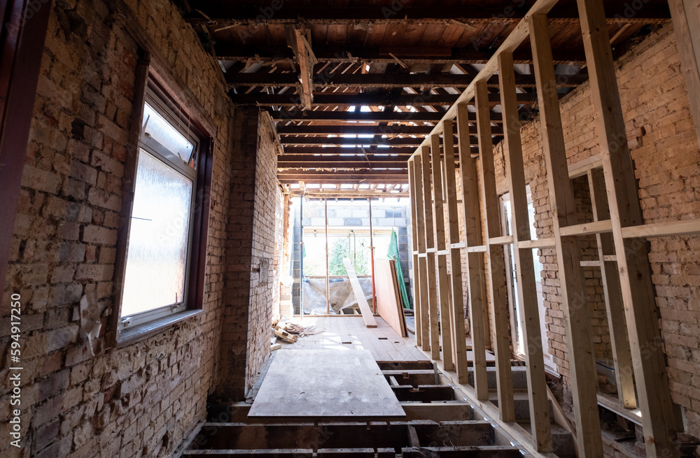 Major renovation of an Edwardian suburban house in north London, UK. House has been taken back to brick as part of an extreme makeover. Major renovation of an Edwardian suburban house in north London, UK. House has been taken back to brick as part of an extreme makeover.