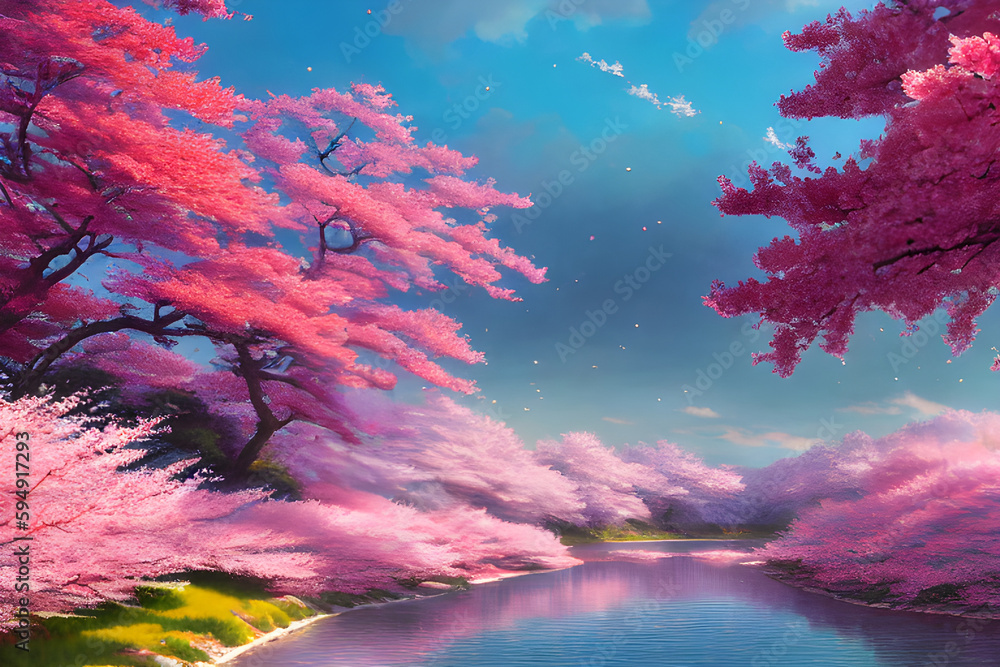vibrant colored cherry blossom scenery background created with generative ai technology