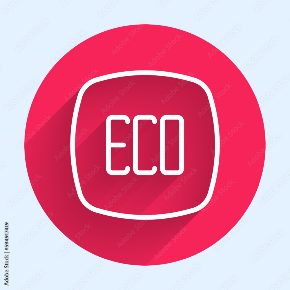 White line Leaf Eco symbol icon isolated with long shadow background. Banner, label, tag, logo, sticker for eco green. Red circle button. Vector White line Leaf Eco symbol icon isolated with long shadow background. Banner, label, tag, logo, sticker for eco green. Red circle button. Vector