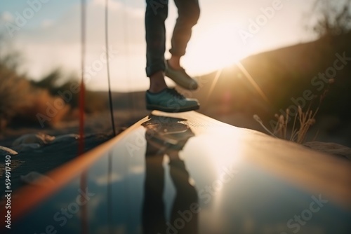 A Person Standing On A Skateboard On A Road With The Sun Shining Urban Park At Golden Hour Time-lapse Photography Adventure Generative AI
