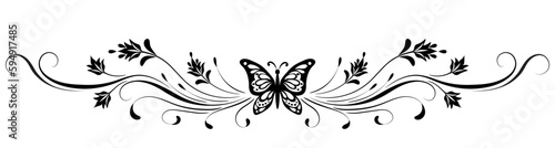 Decorative floral ornament with butterfly, leaves, flowers and abstract lines. Element for decor and greeting card design