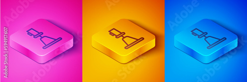 Isometric line Tacheometer, theodolite icon isolated on pink and orange, blue background. Geological survey, engineering equipment for measurement and research. Square button. Vector