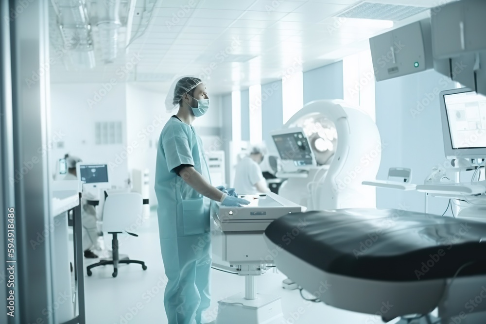 Fototapeta premium A Nurse In A Hospital Operating Room With A Monitor And A Chair Hospital Advertising Photography Medical Devices Generative AI