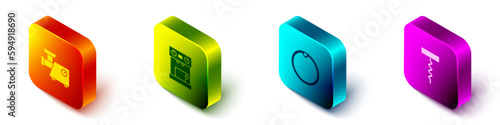 Set Isometric Kitchen meat grinder, Coffee machine, Cutting board and Wine corkscrew icon. Vector