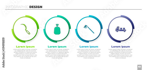 Set Sickle, Full sack, Garden hoe and Pickup truck. Business infographic template. Vector