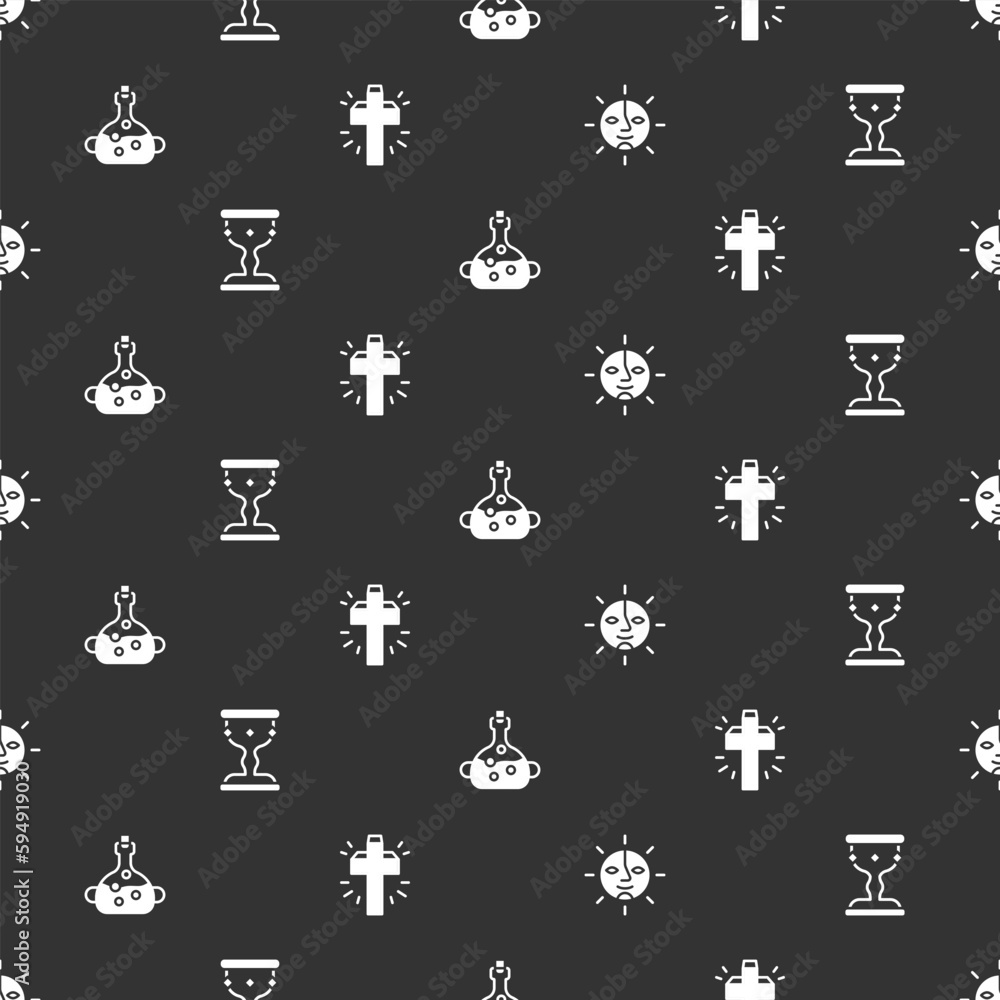 Set Sun, Medieval goblet, Poison in bottle and Christian cross on seamless pattern. Vector Set Sun, Medieval goblet, Poison in bottle and Christian cross on seamless pattern. Vector