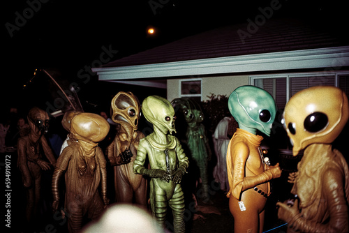 Photo in the style of the 1970s of a wild costume party where people are dressed up as aliens - generative AI