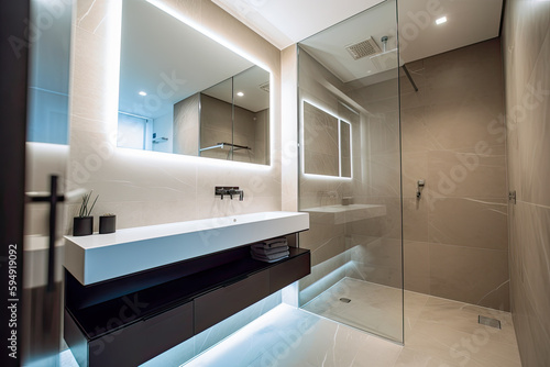 A spacious bathroom with a large soaking tub - Generative AI