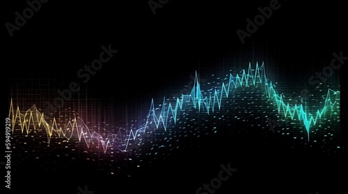 abstract colorful rhythmic digital sound wave with binary code on black background, sound waveform. digital information. generative AI