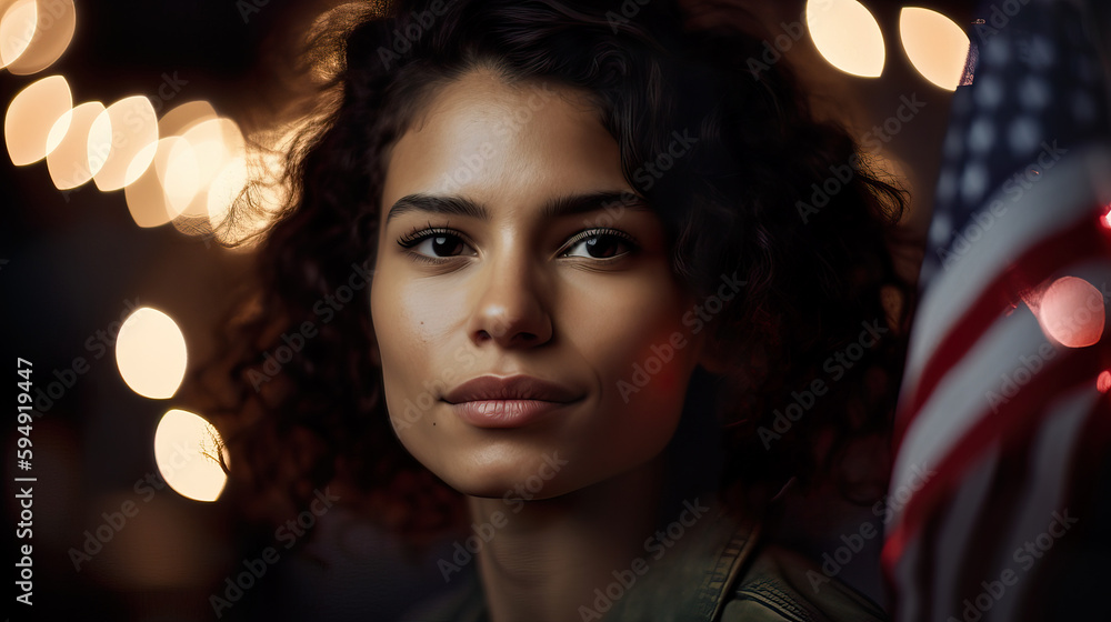 A fictional character. Smiling Woman Standing in front of American Flag on Independence Day A fictional character. Smiling Woman Standing in front of American Flag on Independence Day