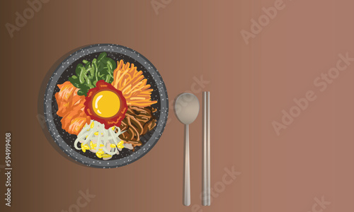 Korean traditional food stone bowl bibimbap vegetarian vector illustration