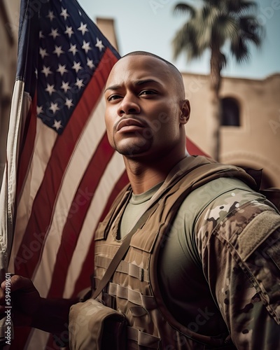 A fictional character.  A fictional character. Proud U.S. soldier standing in front of a flag on Independence Day