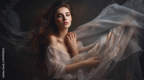 Gorgeous Brunette Woman with a Billowing Sheet in Soft Lighting  Generative AI