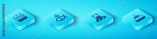 Set Isometric Burning candle in candlestick, Christian fish, Ark of noah and Priest icon. Vector
