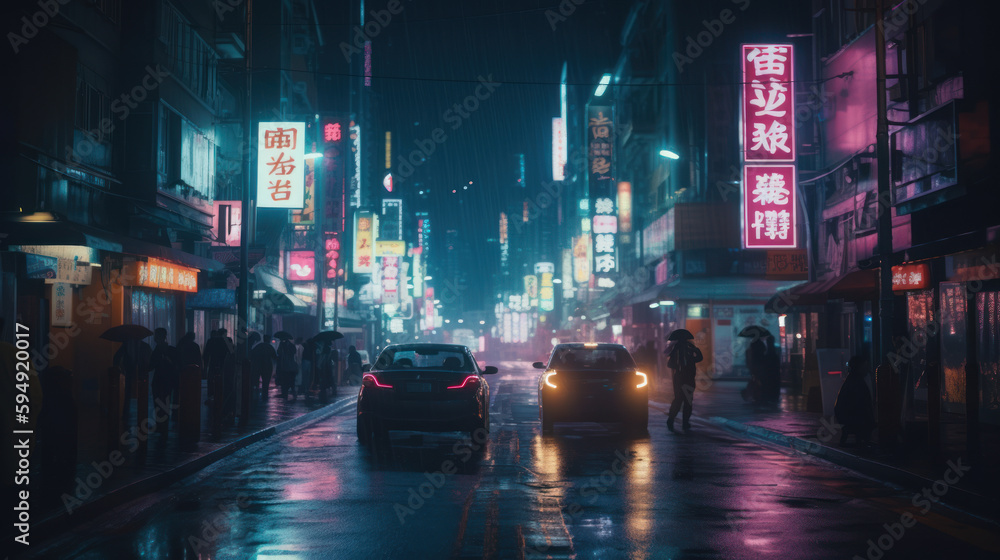 A neon-lit city street buzzing with activity flash, Generative AI