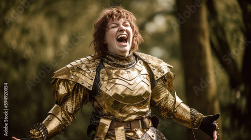 Smiling Happy Woman in Plate Armor Battle Warrior at Renaissance Fair, Generative AI