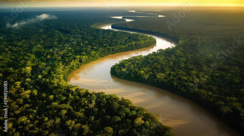 Aerial view of Amazon rainforest jungle with river . Generative AI , generative ai photo